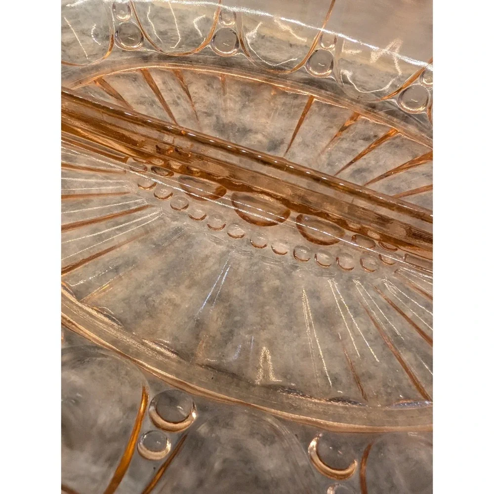 Vintage Pink Glass Divided Relish/Trinket Dish, Oyster & Pearl Pattern‎